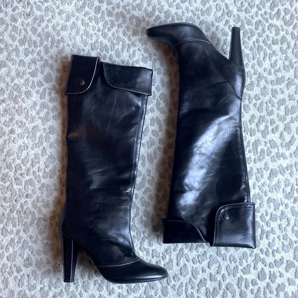 NWOB Claudia Ciuti Italian-Made Over-the-Knee Black Leather Heeled Boots, size 7